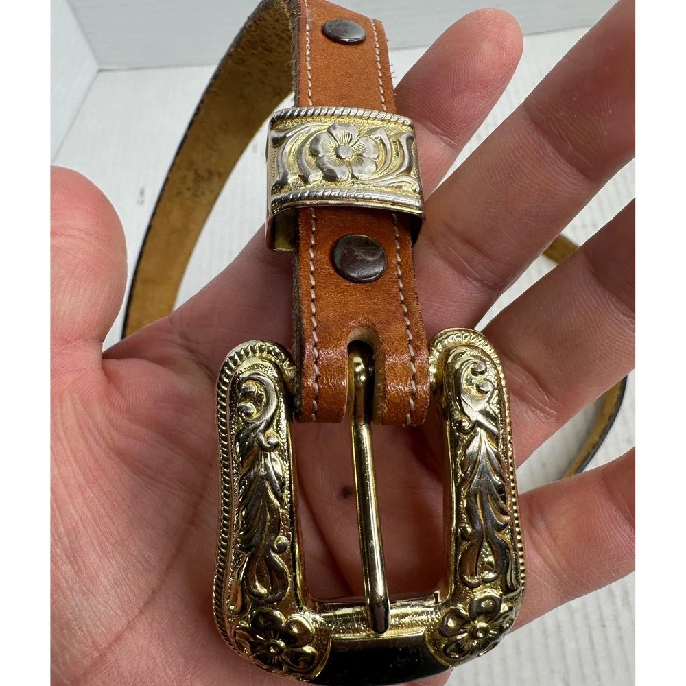 Tony Lama Leather Belt Sz‎ 34 Brown Gold Buckle Made In USA brass Buckle Western
